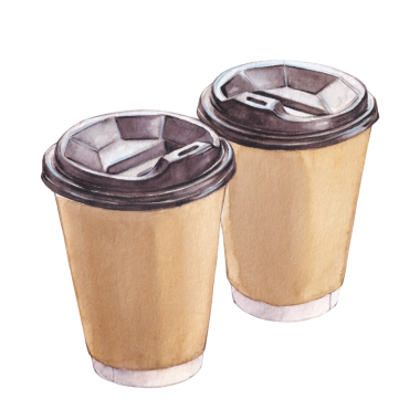 İki karton kahve fincanının suluboya çizimi 