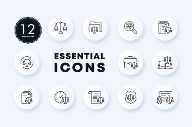 Ölçekler simge ayarlandı. Dizin, ağırlık, arama, parmak izi, analiz, kitap, reset, zaman, satış, kanter, koruma, kalkan, güvenlik. Neomorfizm tarzı. İş için vektör satırı simgesi