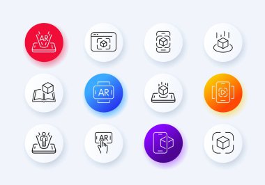 Siberpunk set simgesi. Hologram, arttırılmış gerçeklik, sanal dünya, metaevren, ışınlanma portalı, yapay zeka, video kaskı, kripto para birimi, siber uzay. Sinirsel ağ konsepti. Neomorfizm