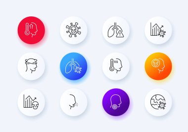 Virüs simgeyi ayarladı. Zatürree, karantina, koruyucu maske, evde kal, vaka istatistikleri, covid, koronavirüs, kuluçka dönemi, aşı, şırınga, enjeksiyon, tıbbi geçmiş, neomorfizm tarzı