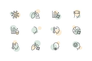 Aşı seti simgesi. Program, şırınga, covid 19, bağışıklık, viral ateş, titreme, bağışıklık sistemi, tehlike, virüs, enjeksiyon, takvim, doktor, koronavirüs. Sağlık sigortası konsepti. Vektör satırı simgesi