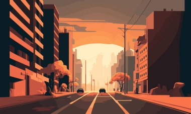 A car driving off into the sunset. Poster, wallpaper, pavement, trees, yellow foliage, skyscrapers, journey, atmospheric, cozy, warm colors. Creativity concept. Vector illustration.