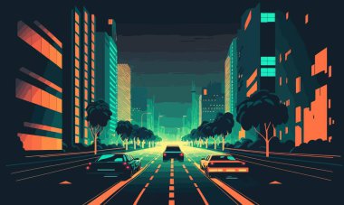 Night city. Stylized, night, car, road, wallpaper, poster, cyberpunk, megshapolis, pavement, trees, fresh air. skyscrapers, walk, romance, retro. Creativity concept. Vector illustration.