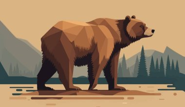 Brown bear. poster, stylized, brown, warm colors, wallpaper, minimalism, landscape, summer, pines, stones, grizzlies, wool, abstraction, predator. The concept of nature. Vector illustration.