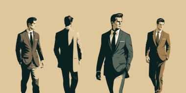 A man in a stylish suit. Poster, vintage, set, retro seal, businessman, professional, fashionable, show, confidence, style, career, entrepreneur, finance, manager. fashion concept. Vector illustration