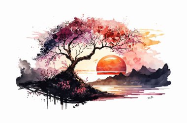 Red-orange firmaments spread over the horizon like a cloak of gloomy hues. Against this background, the bright radiance of sakura, penetrating through the darkness. Vector illustration