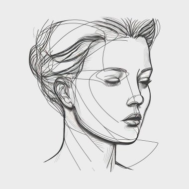 Beautiful girl. Outline, drawing, black and white, white background, head, young, beautiful, fashion, avatar, outline, model, abstract, porter, work of art. Art concept. Vector illustration.