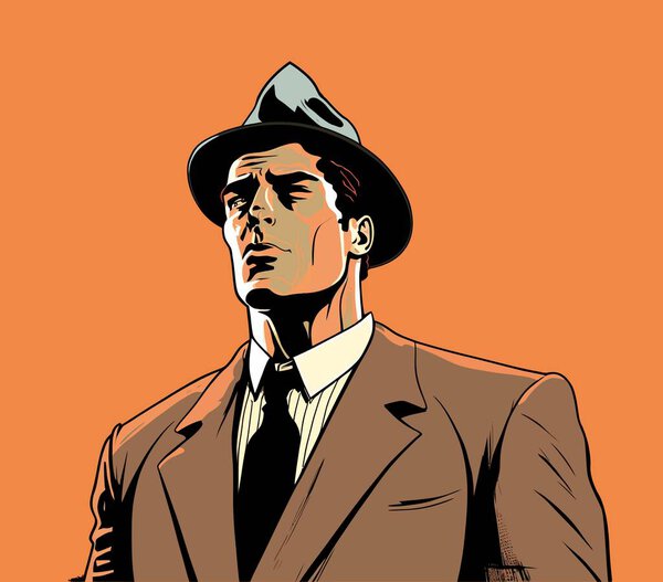 Винтажный афишист. Костюм, пальто, шляпа, мода, парень, комикс, оранжевый фон, аватар, джентльмен, выражение лица, уверенный, целеустремленный, грациозный, формальный. Концепция моды. Векторная иллюстрация.