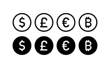 Para birimi simgeleri ayarlandı. Siluet, çizgi, beyaz, siyah, farklı para birimleri. Vektör simgeleri.