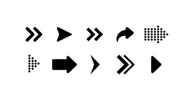 Oklar. Siluet, siyah, ok işaretleri, sağ ok, ok ayarlandı. Vektör simgeleri.