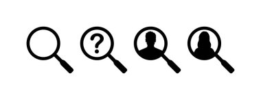 Bilgi ara. Siluet, siyah, çevrimiçi arama motoru, hesap, kişi, bilgi bul. Vektör simgeleri.