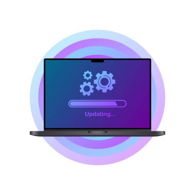 Simge yükleniyor. Düz, mor, laptop güncellemesi, ekranda vites. Vektör illüstrasyonu