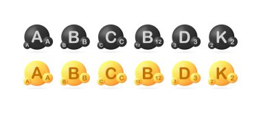 A, B, C, B12, D3, K2 simgeleri. Farklı stiller, sağlıklı yaşam, sağlık için vitaminler, vitaminler. Vektör simgeleri