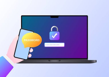 Dizüstü bilgisayarın şifresi. Düz, renk, telefon girişi, ekran şifresi, uzaktan şifre. Vektör illüstrasyonu