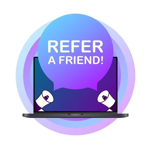Refer Friend Sign Flat Color Laptop Image Invite Friends Refer — Stock Vector