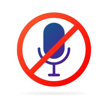 Mikrofon kapatılmış simge. Düz, renkli, kırmızı yasaklama çemberi, sessiz mikrofon. Vektör illüstrasyonu