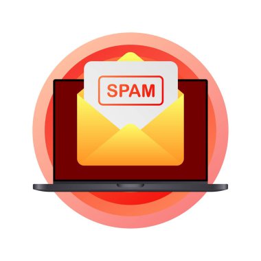 Dizüstü bilgisayardaki spam mektubu. Düz, kırmızı, laptopta mektup, spam mektup. Vektör illüstrasyonu