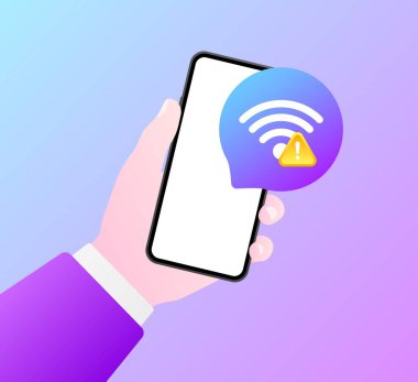 Hatalı Wi-Fi simgesi. Düz, mor, elde telefon, telefonda kablosuz internet, telefon ekranı. Vektör illüstrasyonu