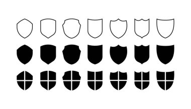 Kalkan simgeleri. Siluet, siyah, kalkanlar, internet koruması. Vektör simgeleri