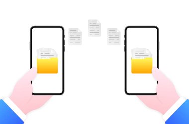 Dosya paylaşımı. Düz, renk, telefon, dosya klasörü, belge değişimi. Vektör illüstrasyonu