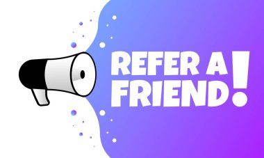 Arkadaş tabelasına atıfta bulun. Düz, mor, megafondan mesaj, arkadaş işareti. Vektör simgesi