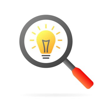 Büyütecin içinde bir ampul. Düz, renk, fikir arayışı, yanan lamba, büyüteç. Vektör simgesi