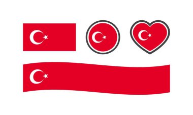 Ulusal Türkiye bayrağı. Düz, renkli, Türkiye 'nin ulusal bayrağı kare, daire, kalp şeklinde. Tasarım için hindi bayrağı. Vektör simgeleri