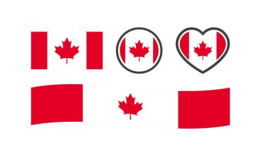 National flag of Canada. Flat, color, national flag of Canada in the shape of a square, circle, heart. Canada flag for design. Vector icons clipart