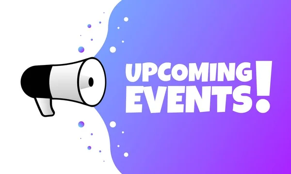 Upcoming Events Sign Flat Purple Text Megaphone Upcoming Events Sign — Stock Vector