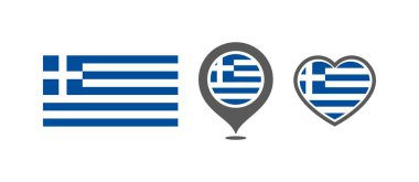 Yunanistan bayrağı. Dikdörtgen şeklinde bayrak, konum işaretleri, kalpler. Dil seçimi tasarımı için Yunanistan ulusal bayrağı. Vektör simgeleri