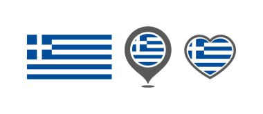 National flag of the Greece. Flag in the shape of rectangles, location marks, hearts. Greece national flag for language selection design. Vector icons clipart