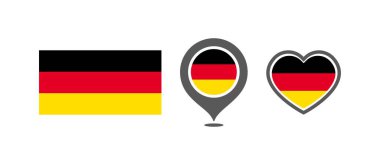 National flag of the Germany. Flag in the shape of rectangles, location marks, hearts. Germany national flag for language selection design. Vector icons clipart