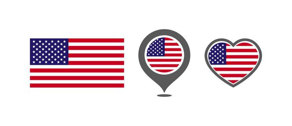 National flag of the United States of America. Flag in the shape of rectangles, location marks, hearts. USA national flag for language selection design. Vector icons