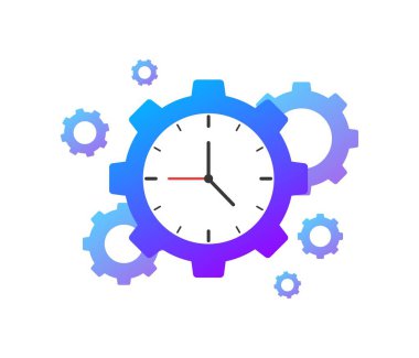 Vites simgesinin içindeki saat. Düz, mor, vites simgeleri, vites içinde saat. Vektör simgesi