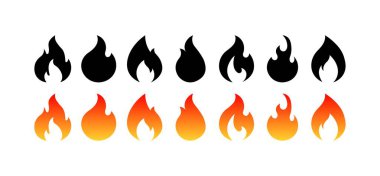 Ateş simgeleri ayarlandı. Farklı stiller, tasarım için ateş koleksiyonu, ateş ikonları. Vektör simgeleri