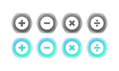 Hesap makinesi düğmeleri simgesi seti. Artı, eksi, çarp, böl. Düz stil. Vektör simgeleri