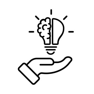 Fikir simgesi. Elde ampul beyni. Doğrusal stil. Vektör simgesi