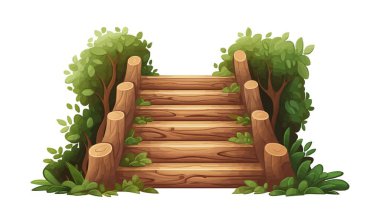 Doğal bitki örtüsündeki ahşaptan yapılmış merdivenler izole edilmiş vektör stili çizimi