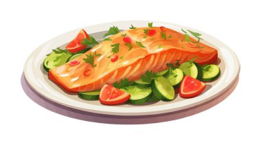 Beyaz tabakta sebzeli balık filetosu izole edilmiş vektör stili illüstrasyon