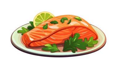 Tabak vektörü üzerinde ızgara somon bifteği.