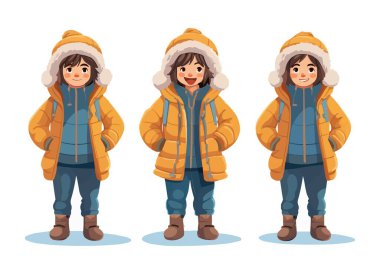 Rahat kış kıyafetleri giyen çocuk izole edilmiş arkaplan çiziminde vektör biçimi