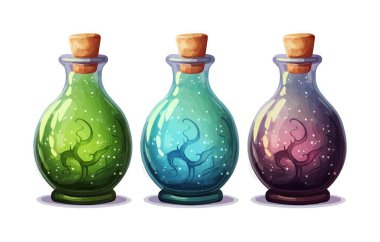 Ayrı arkaplan illüstrasyonunda cam şişe içindeki iksir izole vektör biçimi