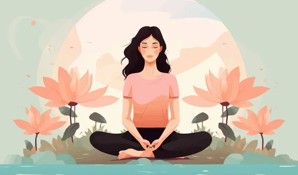 Arka planda çiçek çizimi olan bir kadın, iyi bir akıl sağlığı yogası yaşam tarzı kişisel bakım vektörü.
