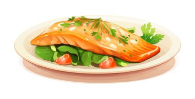 Beyaz tabakta sebzeli balık filetosu izole edilmiş vektör stili illüstrasyon