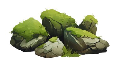 Şeffaf arkaplan illüstrasyonlu yosun izole vektör tarzına sahip kayalar