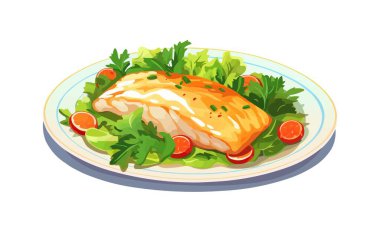 Beyaz tabakta sebzeli balık filetosu izole edilmiş vektör stili illüstrasyon