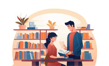 Kitapçı vektörü düz minimalist izole illüstrasyondaki çift