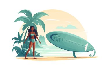 Sörf tahtası vektörü olan bir kadın izole edilmiş.