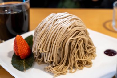 Mont blanc suzaku a chestnut dessert tart cake with a layer of chestnut paste. Obuse, Japan