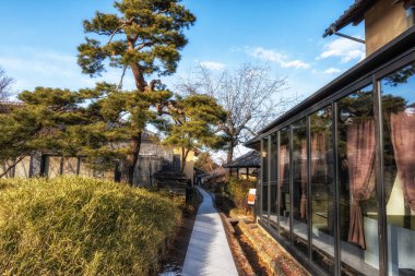 Obuse chestnut alley with traditional houses surrounding the narrow alleyway. Taken in Obuse, Japan
